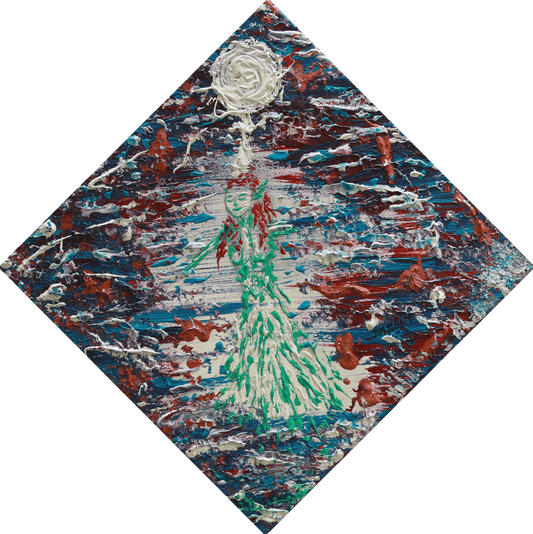 Abstract artwork with a central figure in green against a multicolored backgroun