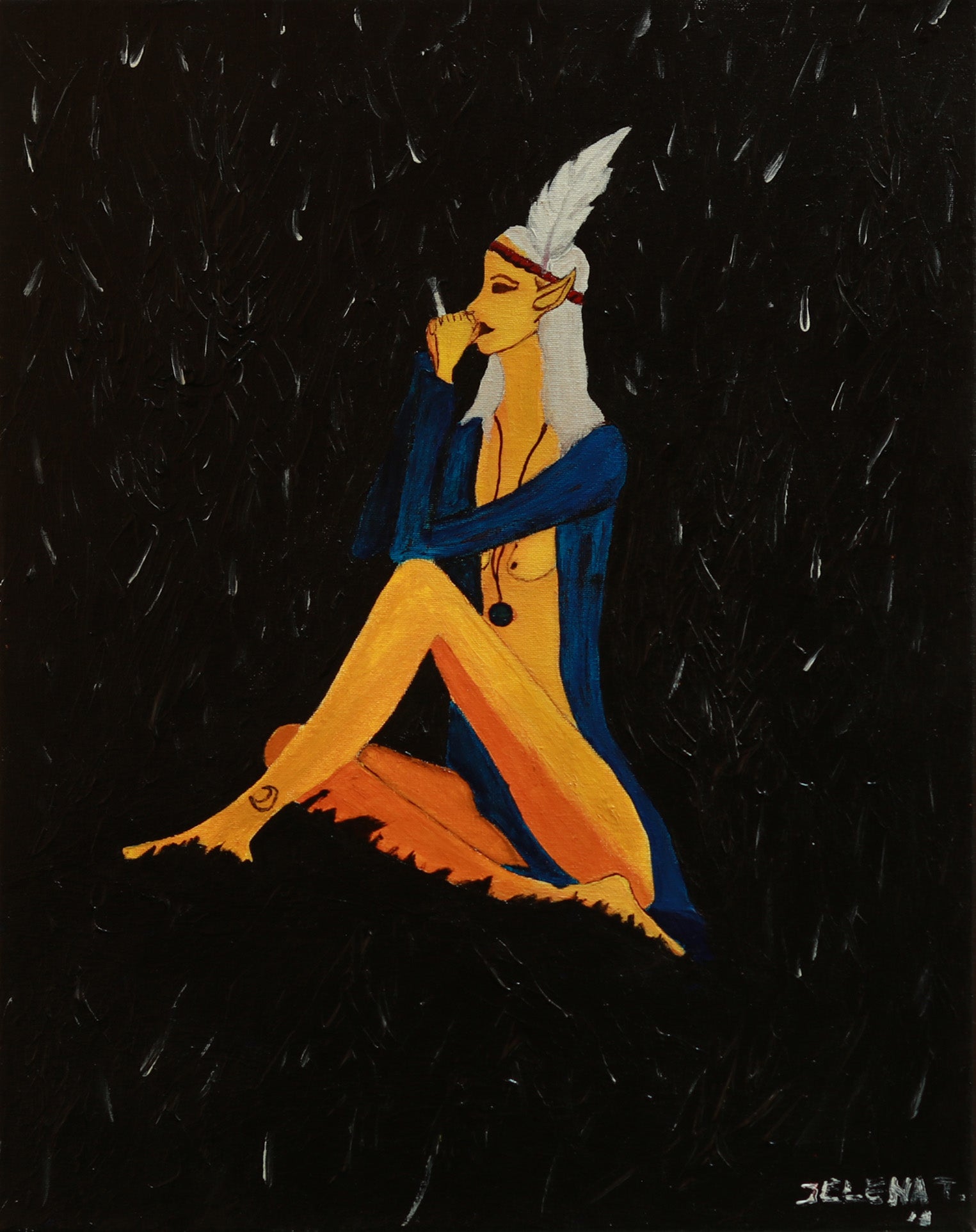 Artistic depiction of a character in orange and blue sitting on a black background with rain effect.