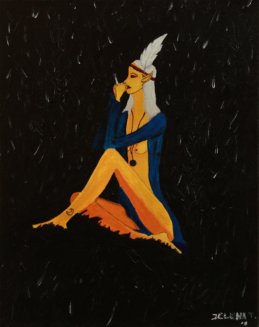 Artistic depiction of a character in orange and blue sitting on a black background with rain effect.