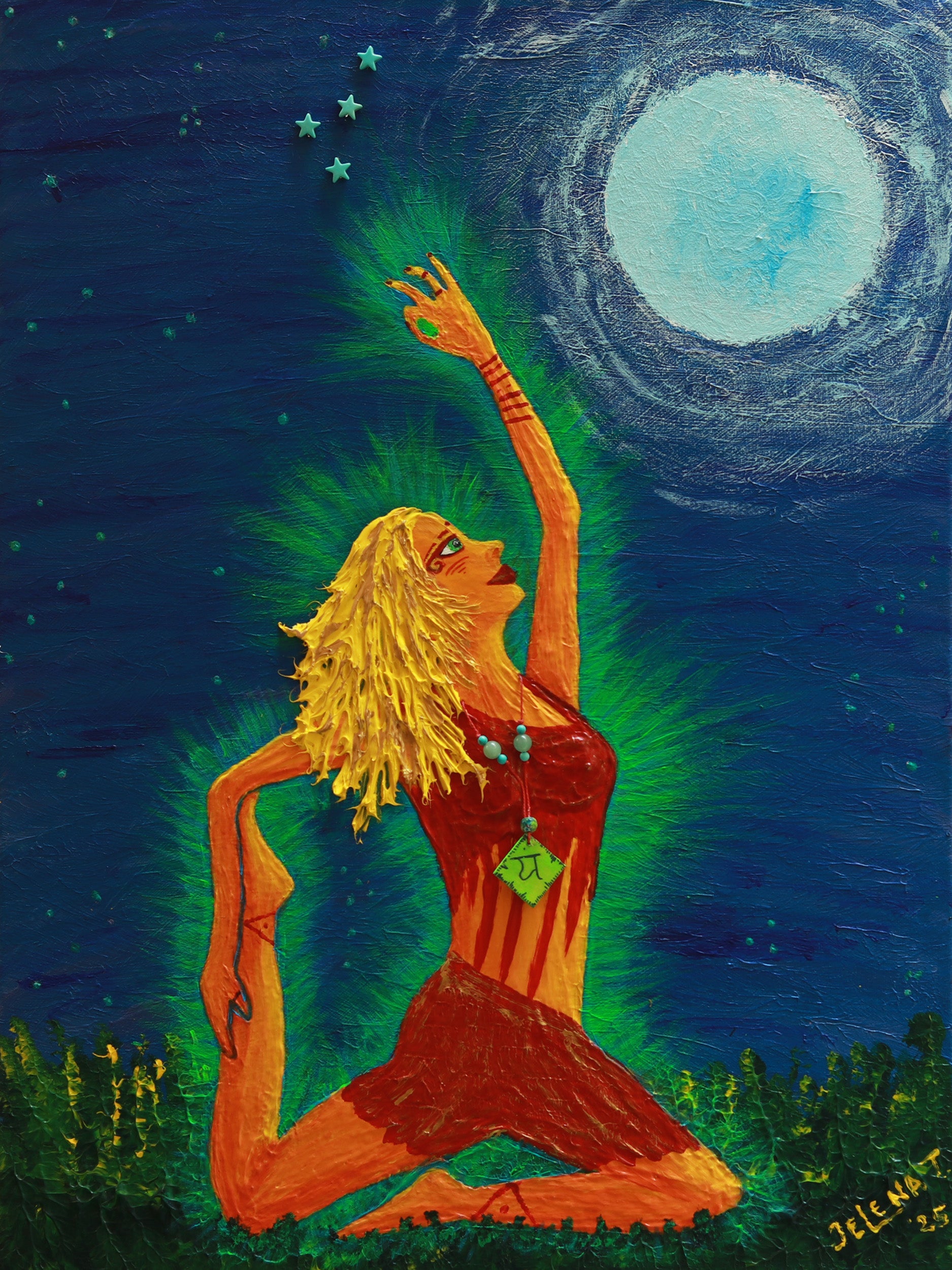 Artistic depiction of a person in a red dress reaching towards the moon and stars.