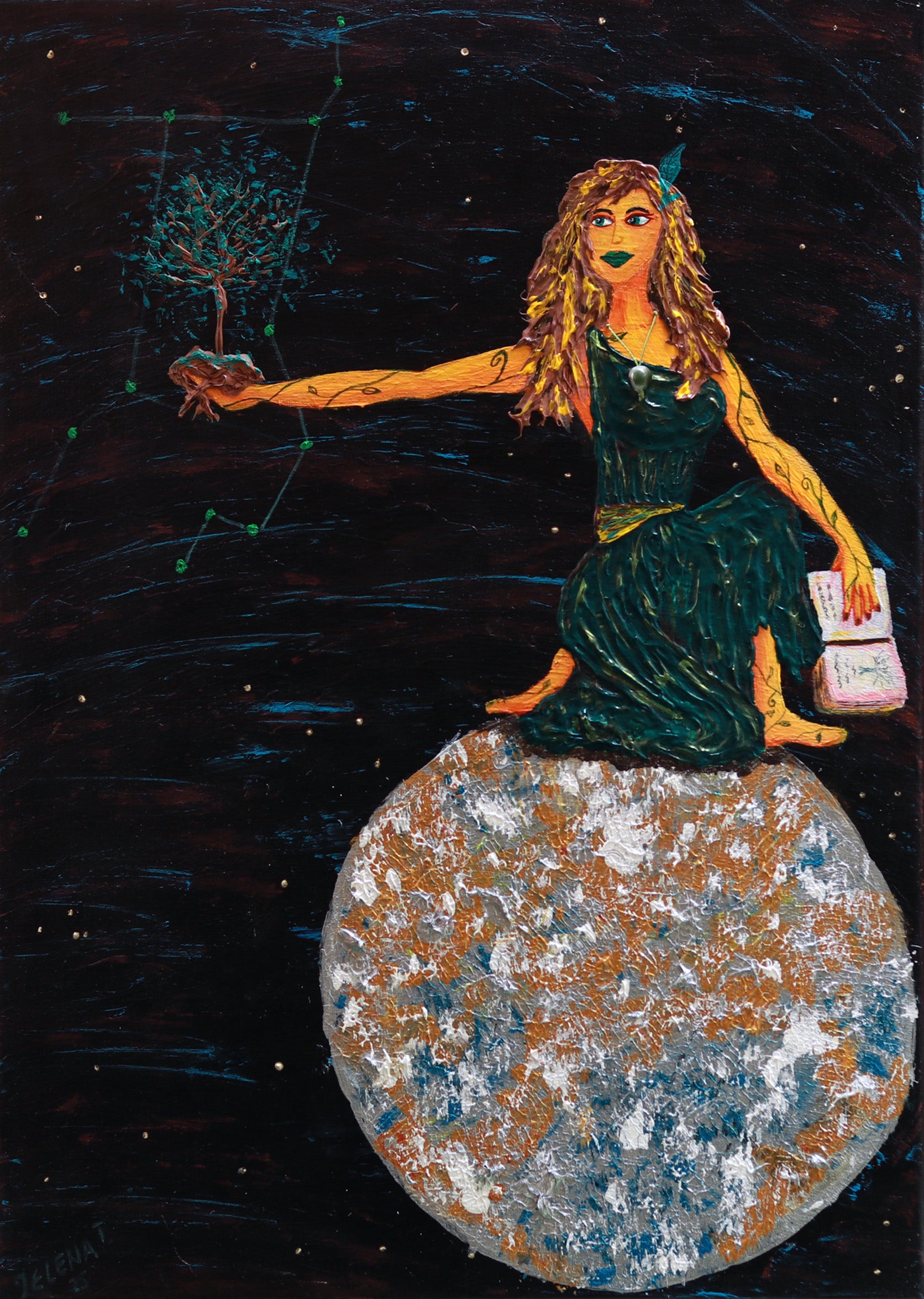 Artistic depiction of a woman on the moon with a starry night background