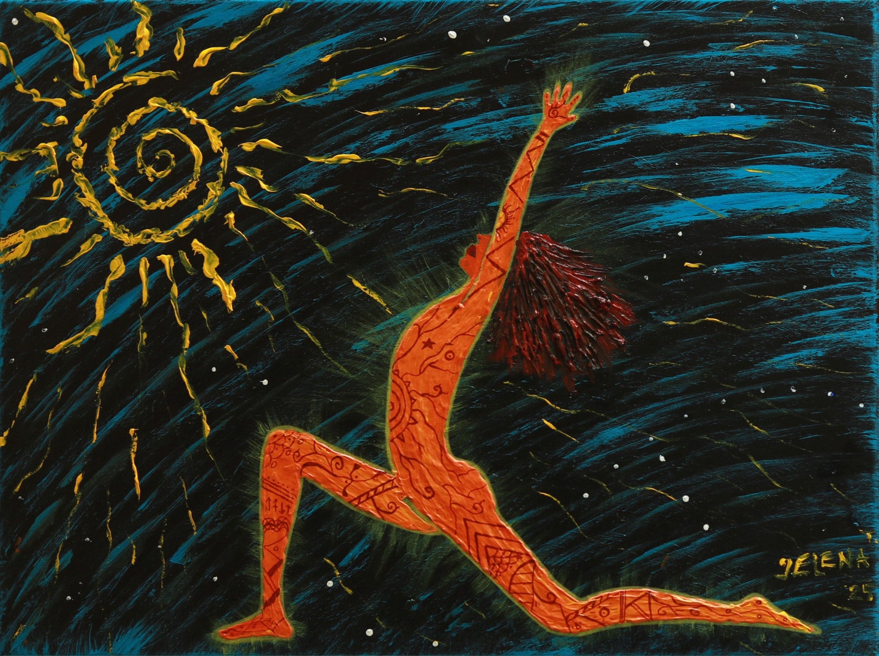 Artistic depiction of a figure reaching towards a sun with a starry background