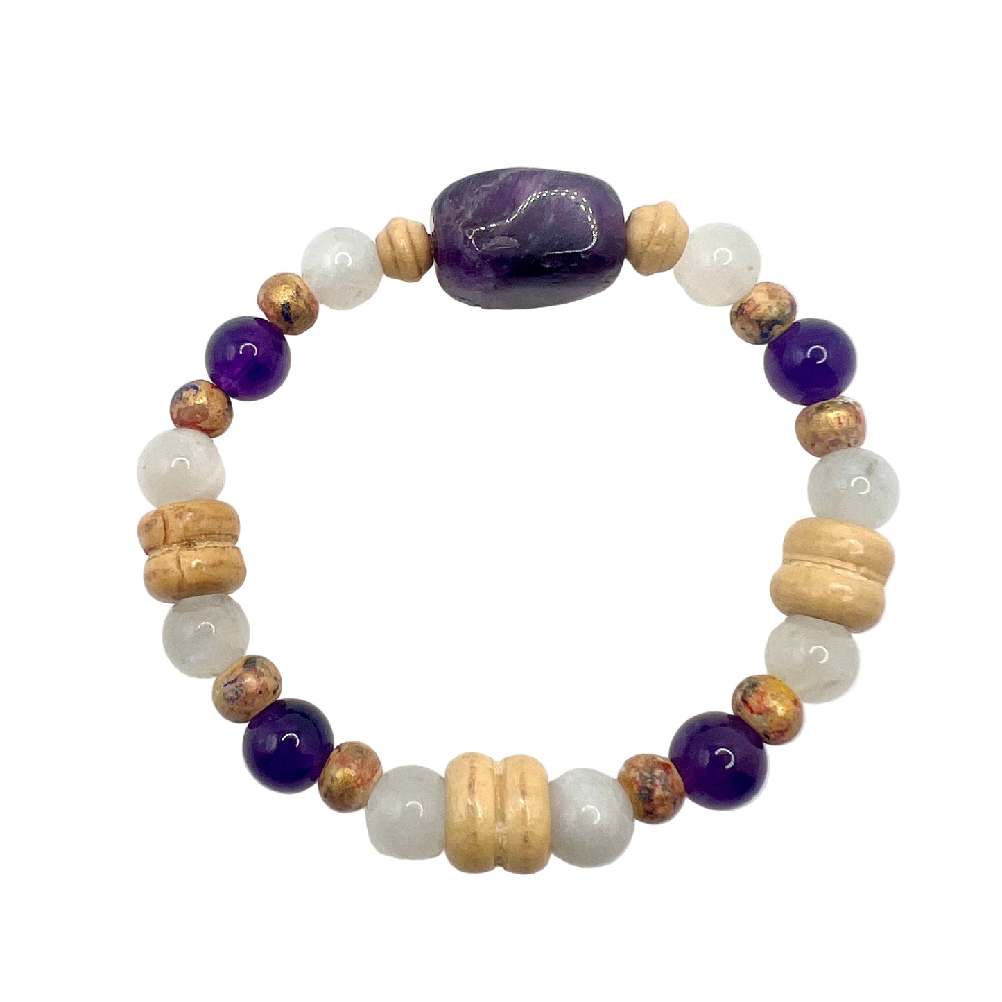 Handmade bracelet with Amethyst, Monstone and wood