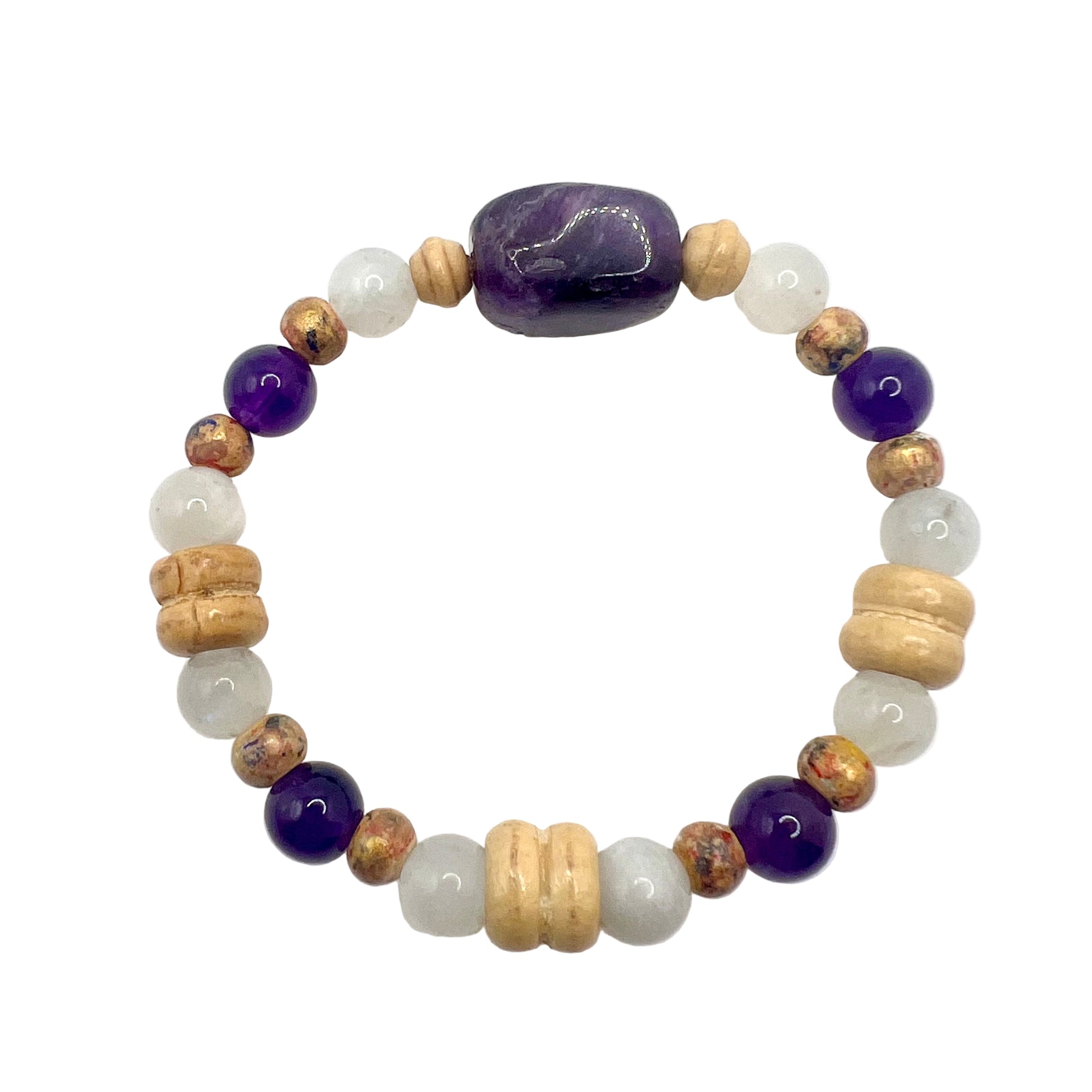 Handmade bracelet with Amethyst, Monstone and wood