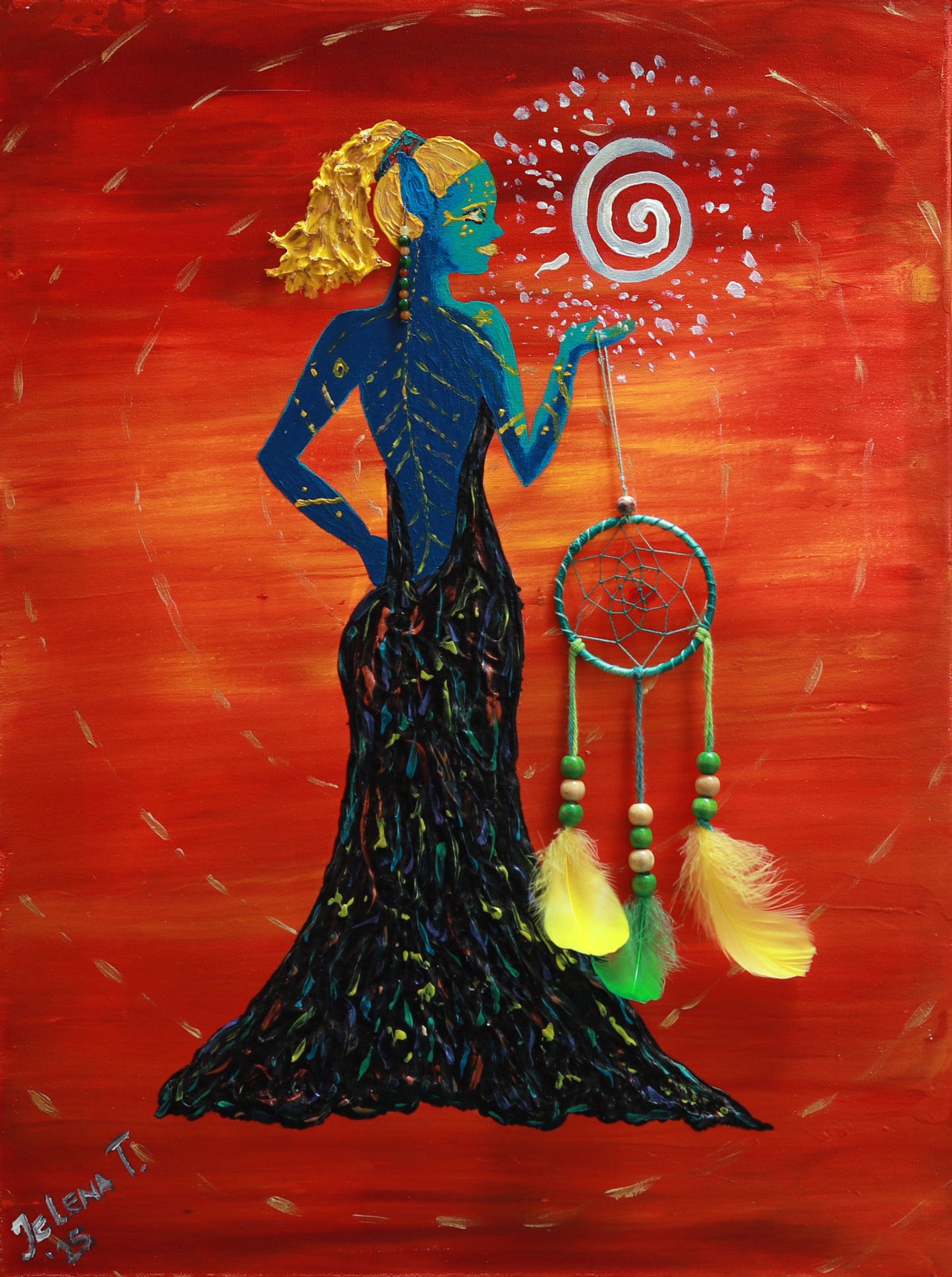 Artistic depiction of a figure holding a dreamcatcher against a red background