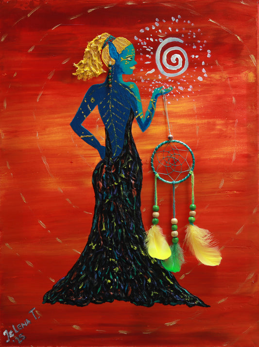 Artistic depiction of a figure holding a dreamcatcher against a red background
