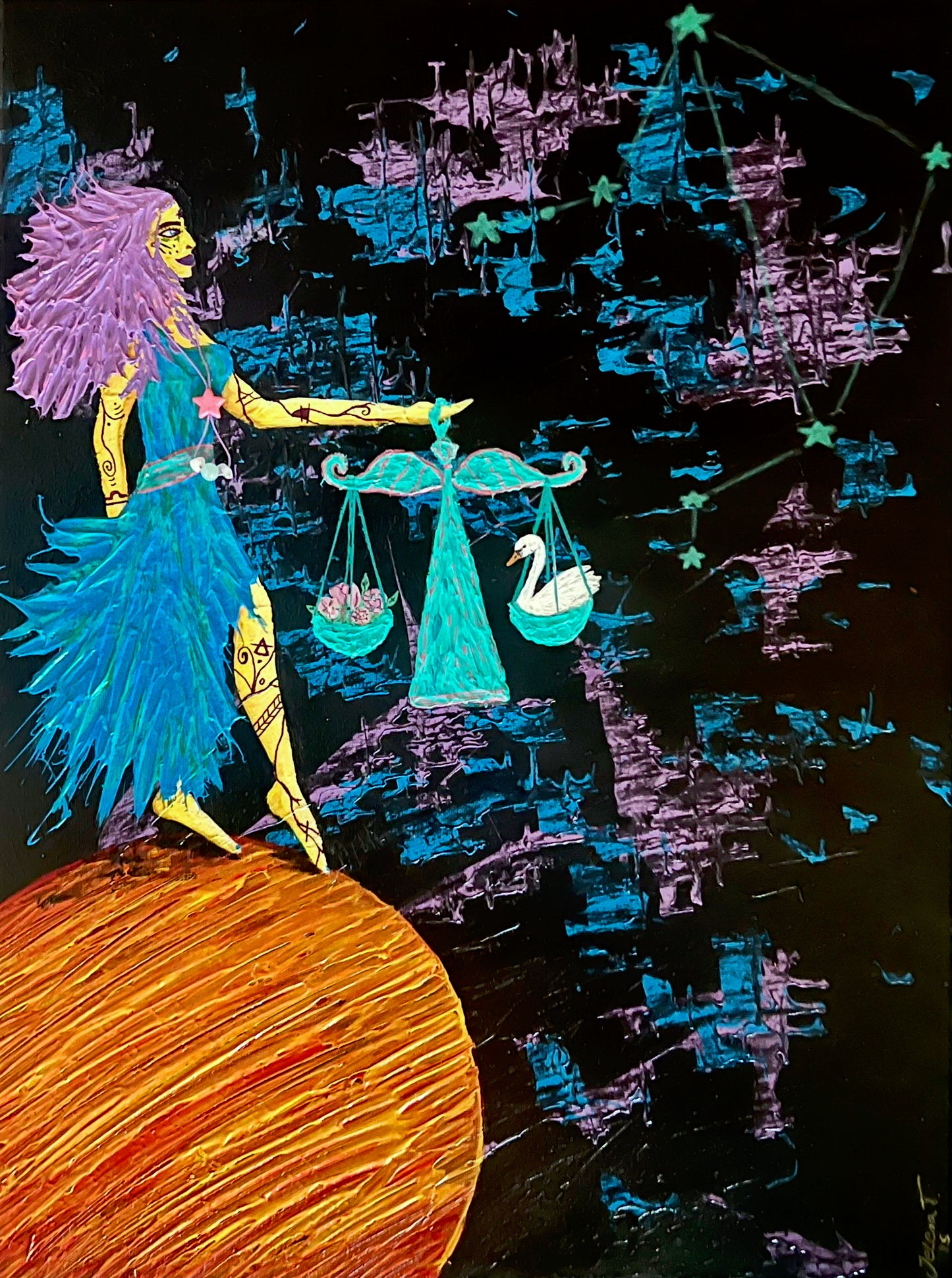 Artistic depiction of a figure holding scales against a starry night sky