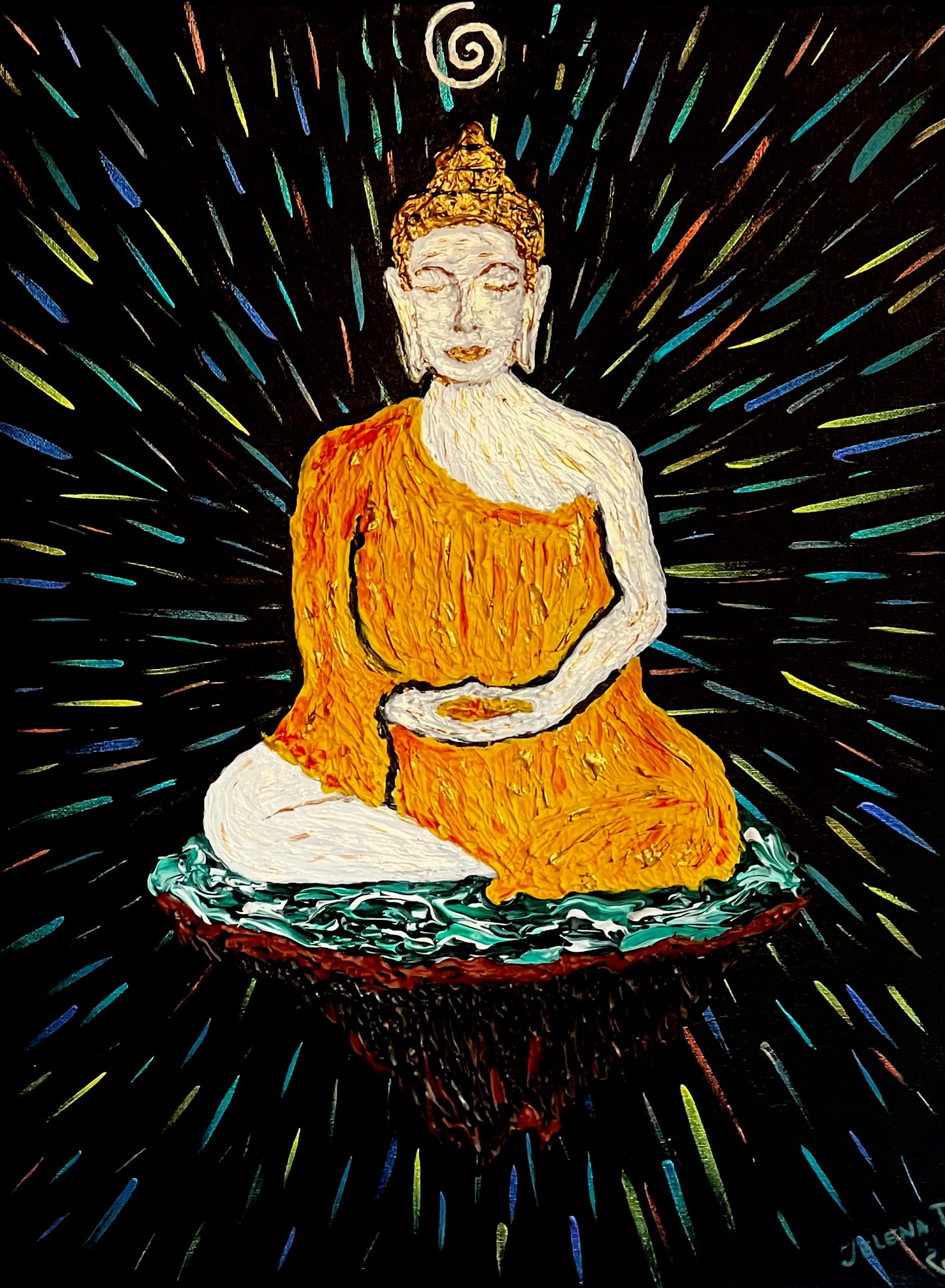 Buddha figure in orange robe with colorful radiating lines on a dark background