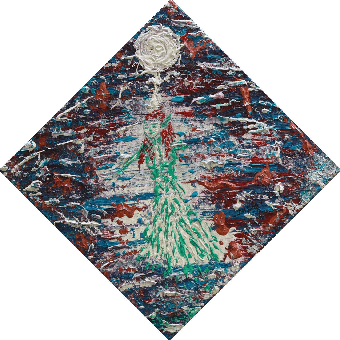 Abstract artwork with a central figure in green against a multicolored backgroun