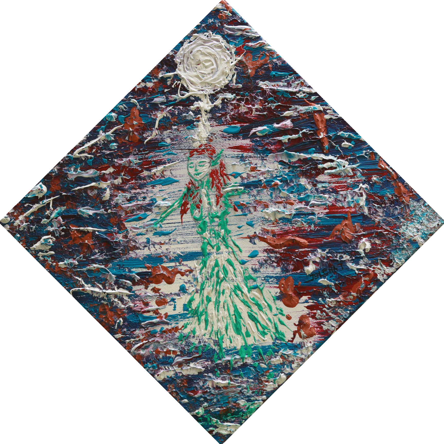Abstract artwork with a central figure in green against a multicolored backgroun