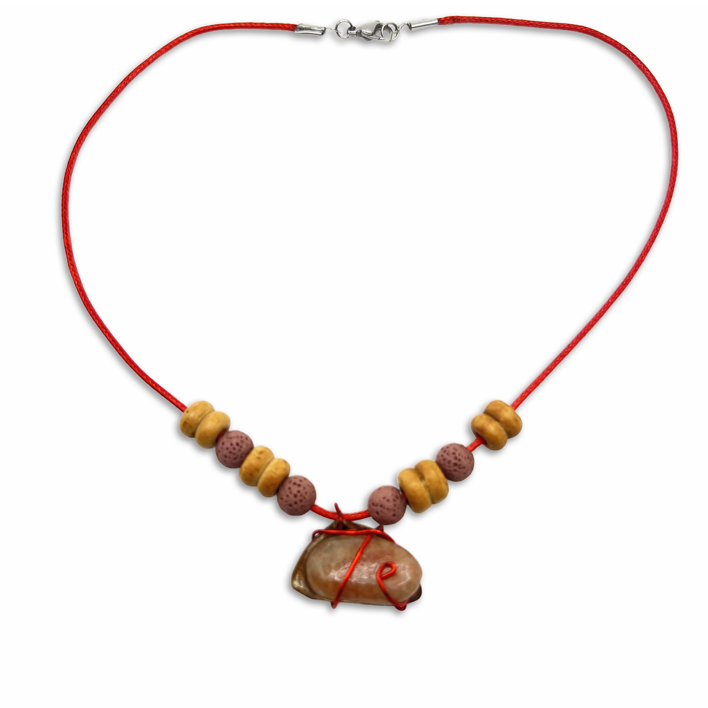 Handmade necklace with sunstone, lava stone and wood
