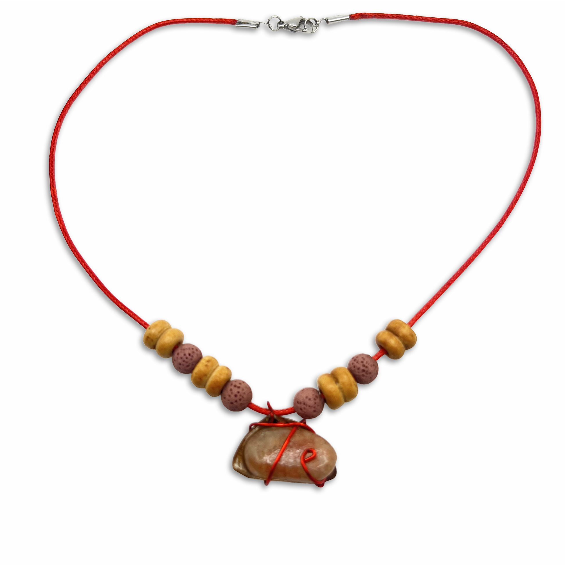 Handmade necklace with sunstone, lava stone and wood