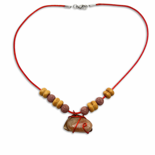 Handmade necklace with sunstone, lava stone and wood