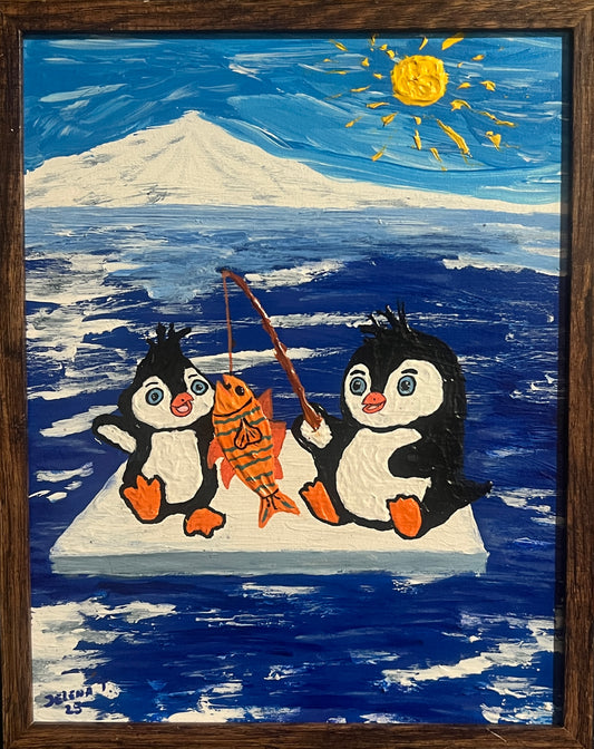 Original children’s painting of two happy penguins fishing together on an ice floe under a sunny Arctic sky. by artbite creations by Jelena