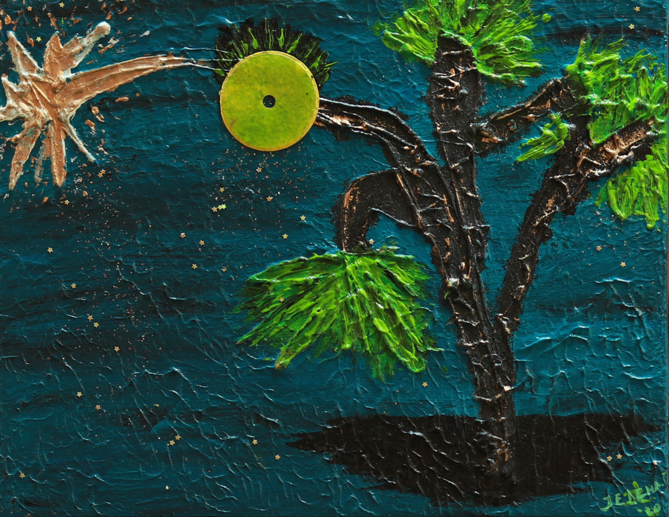 Abstract artwork with a tree, moon, and star on a textured blue background