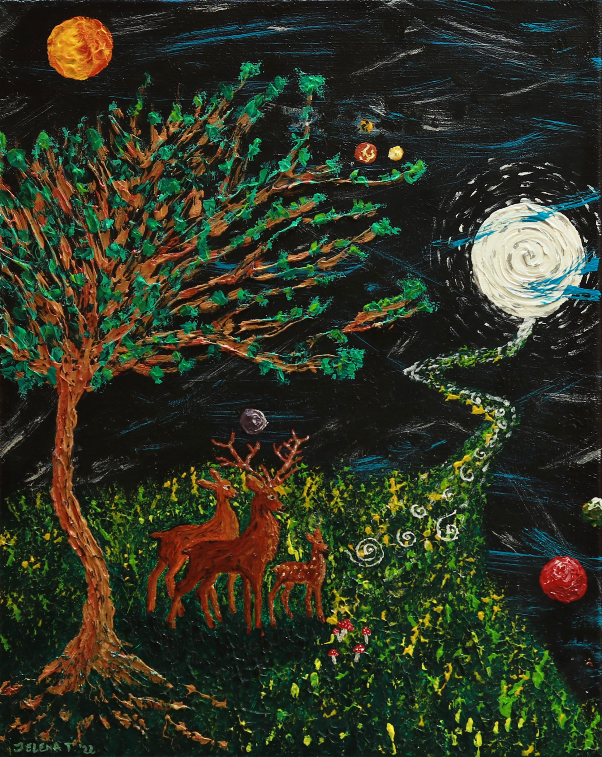 Artistic depiction of deer under a tree with celestial elements