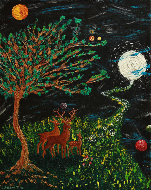 Artistic depiction of deer under a tree with celestial elements