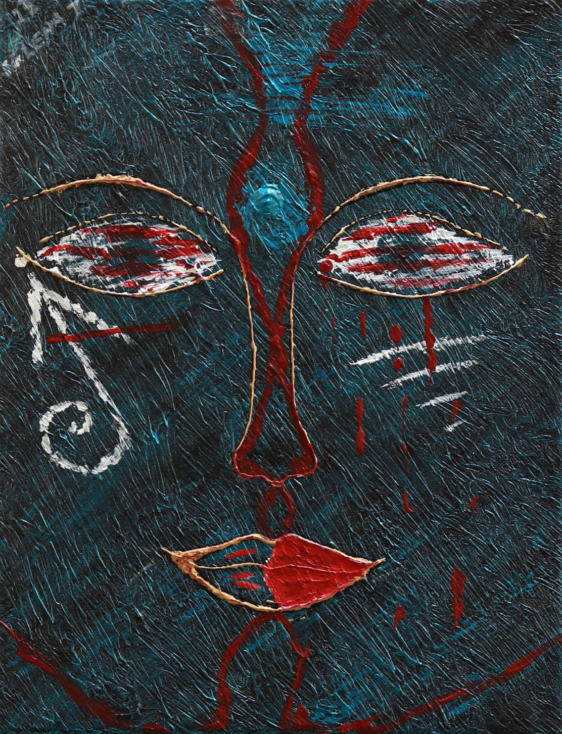 Abstract painting of a face with red and gold accents on a dark background