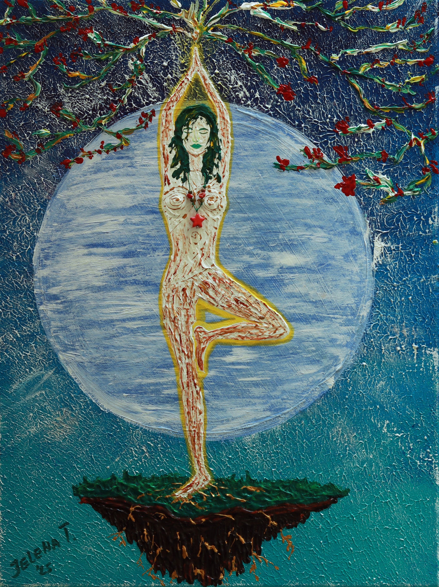 Artistic depiction of a woman in a yoga pose with a moon-like background