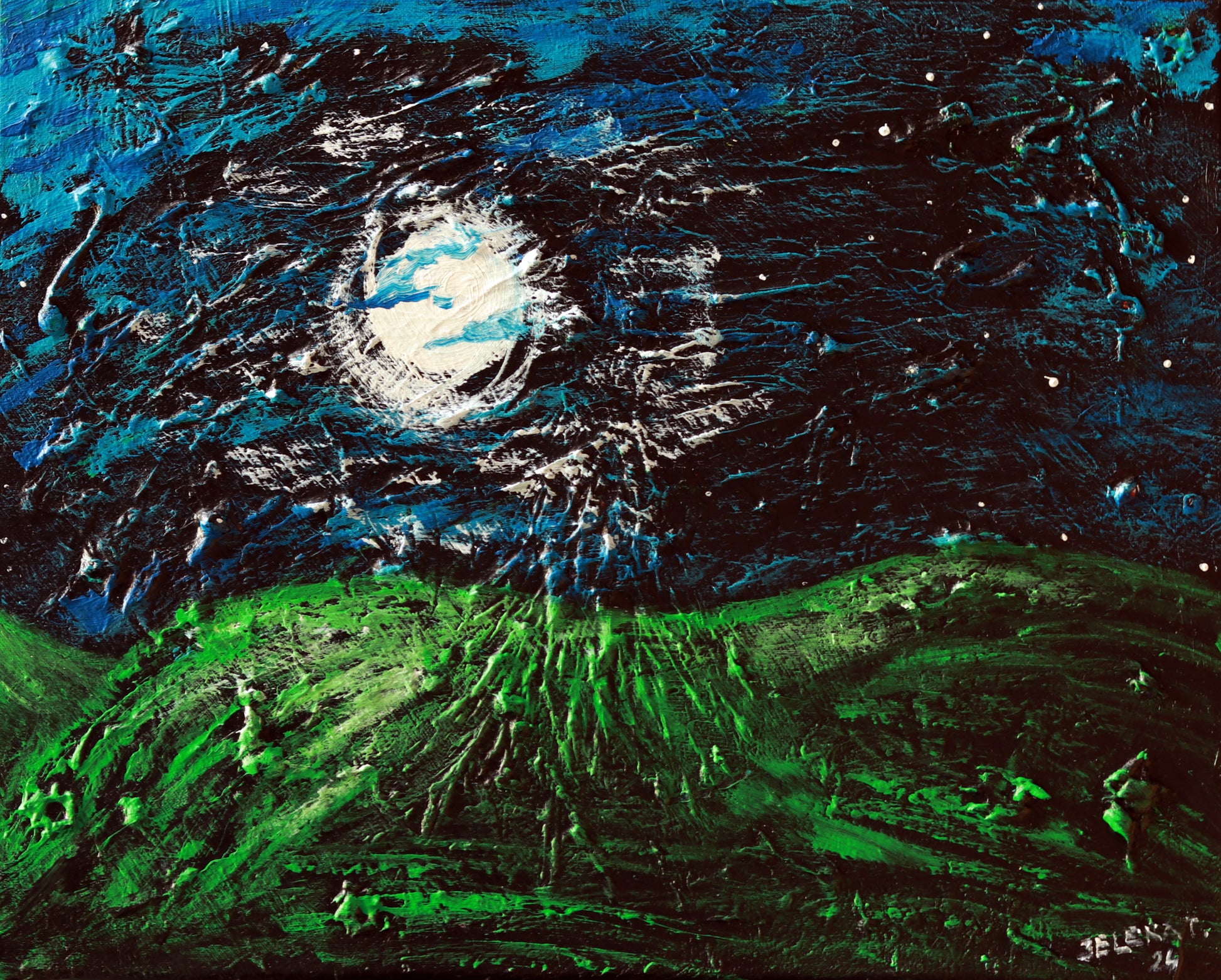 Abstract painting of a moonlit landscape with green fields and dark sky.