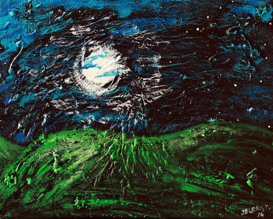 Abstract painting of a moonlit landscape with green fields and dark sky.