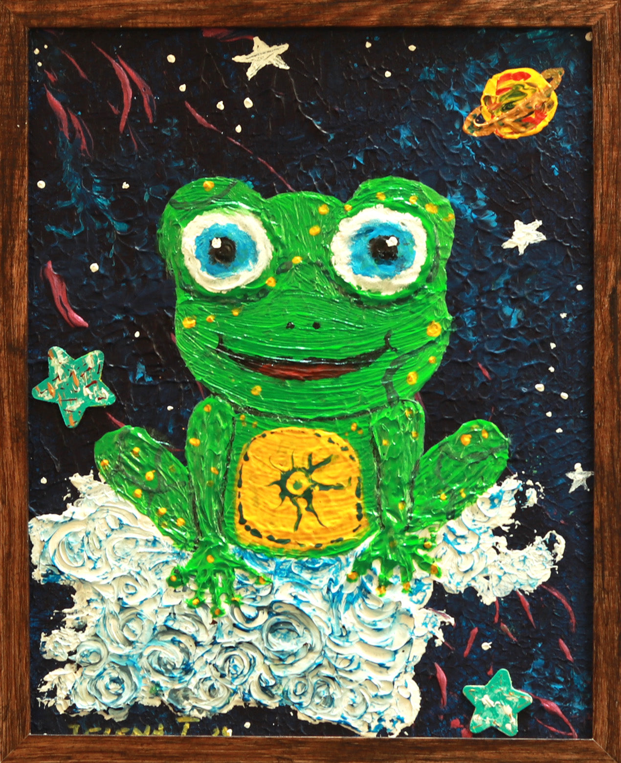 Children's painting of a green frog with blue eyes on a cloud, framed in wood.