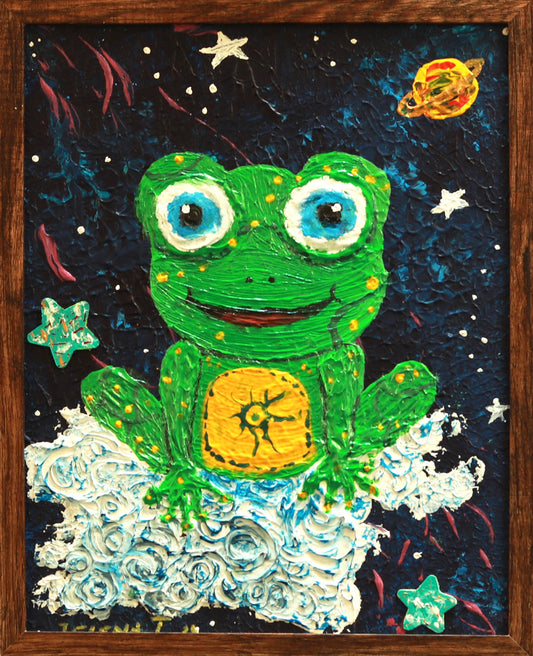 Children's painting of a green frog with blue eyes on a cloud, framed in wood.