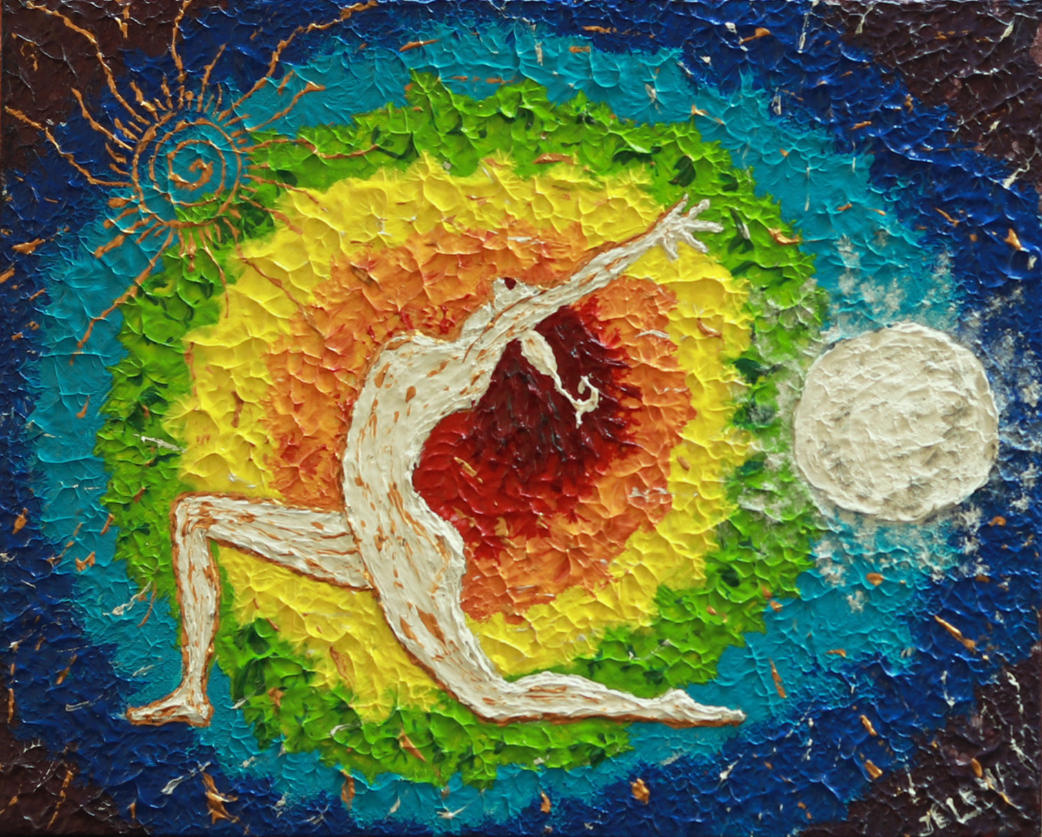 Abstract painting of a figure in a dynamic pose with a colorful circular design