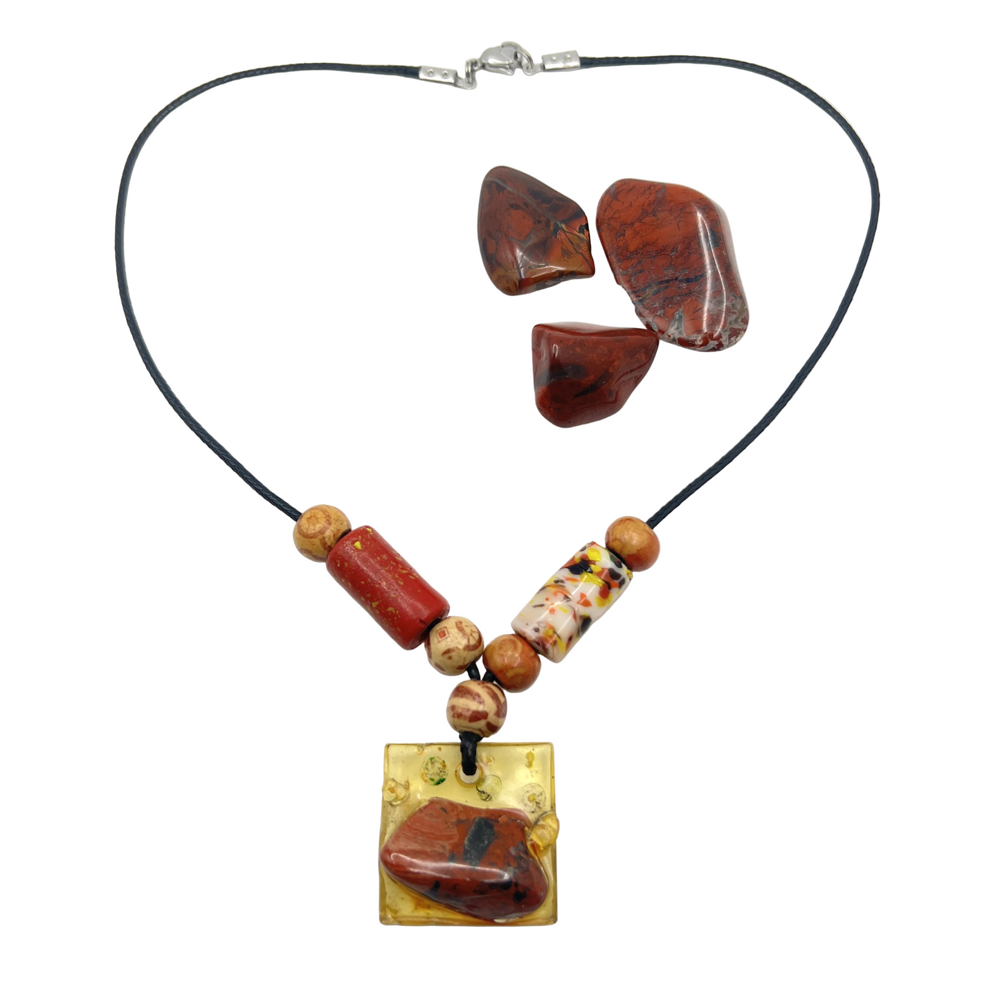 Hnadmade necklace with red jasper , acrylic and wood