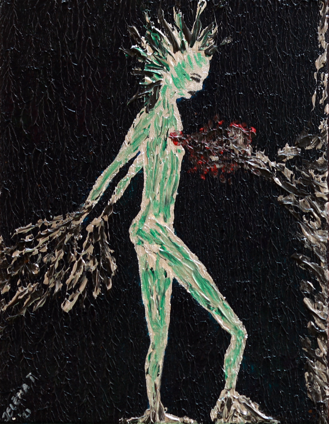 Abstract painting of a green figure with spiky hair against a black background