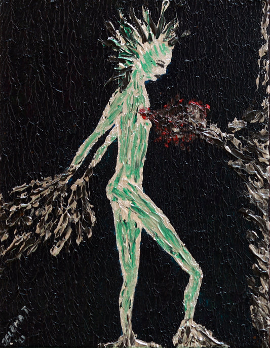 Abstract painting of a green figure with spiky hair against a black background