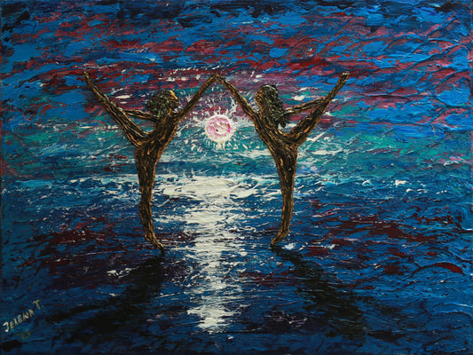 Abstract painting of two figures reaching towards a glowing orb on a blue and purple background.