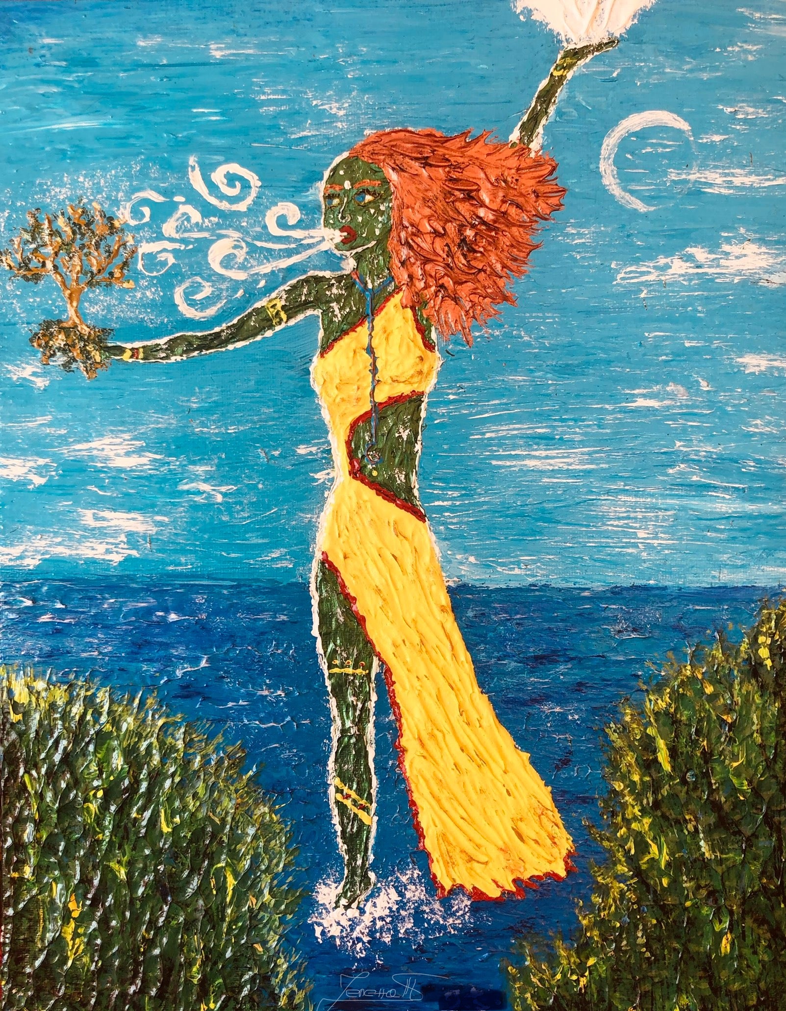 Framed 11×14 art print The Healer — a spiritual painting of a woman channeling Reiki energy into nature, symbolizing healing, renewal, and universal connection.