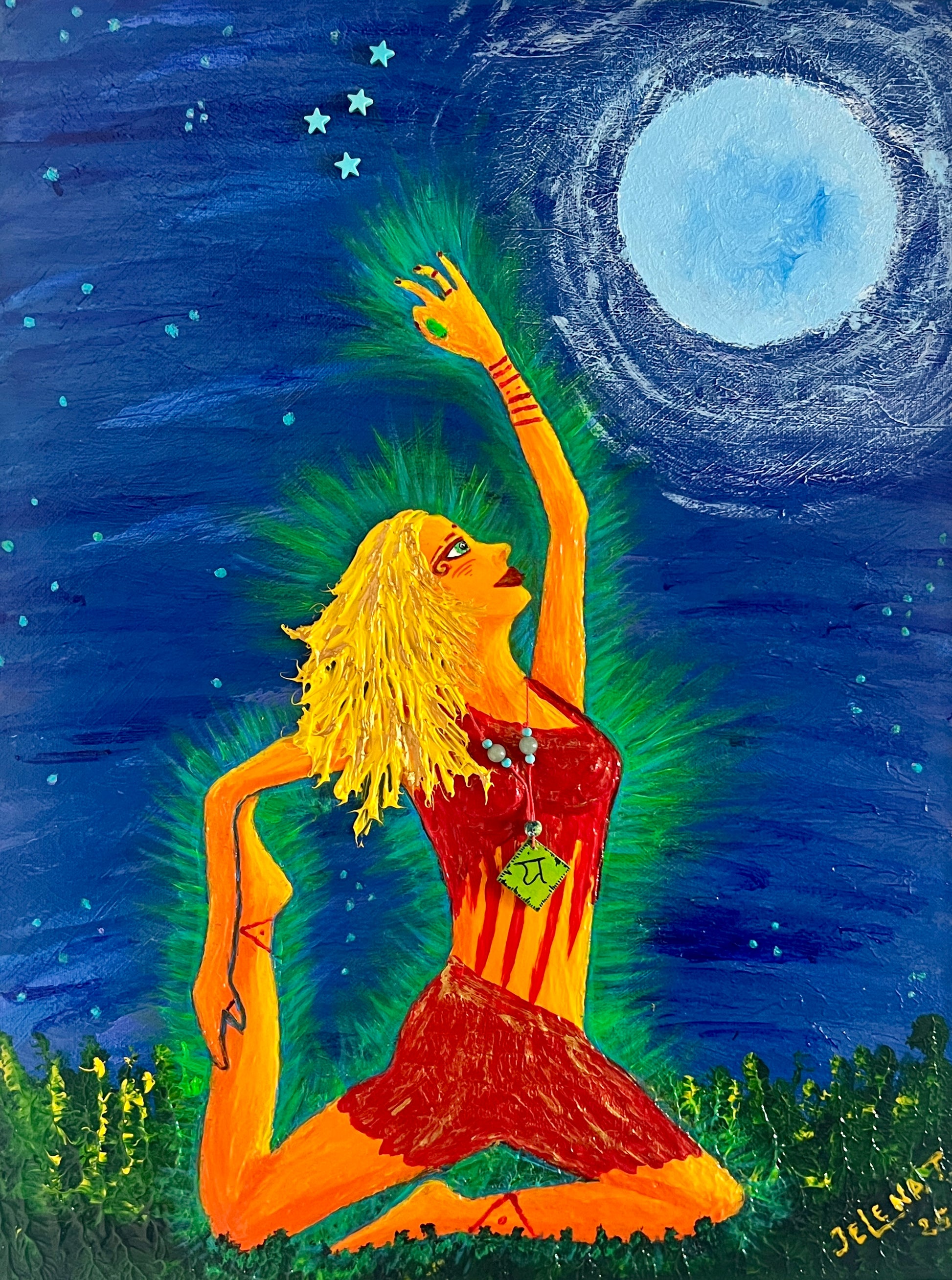 Female doing Yoga pose, heart chakra opening under the full moon, blue sky with stars 