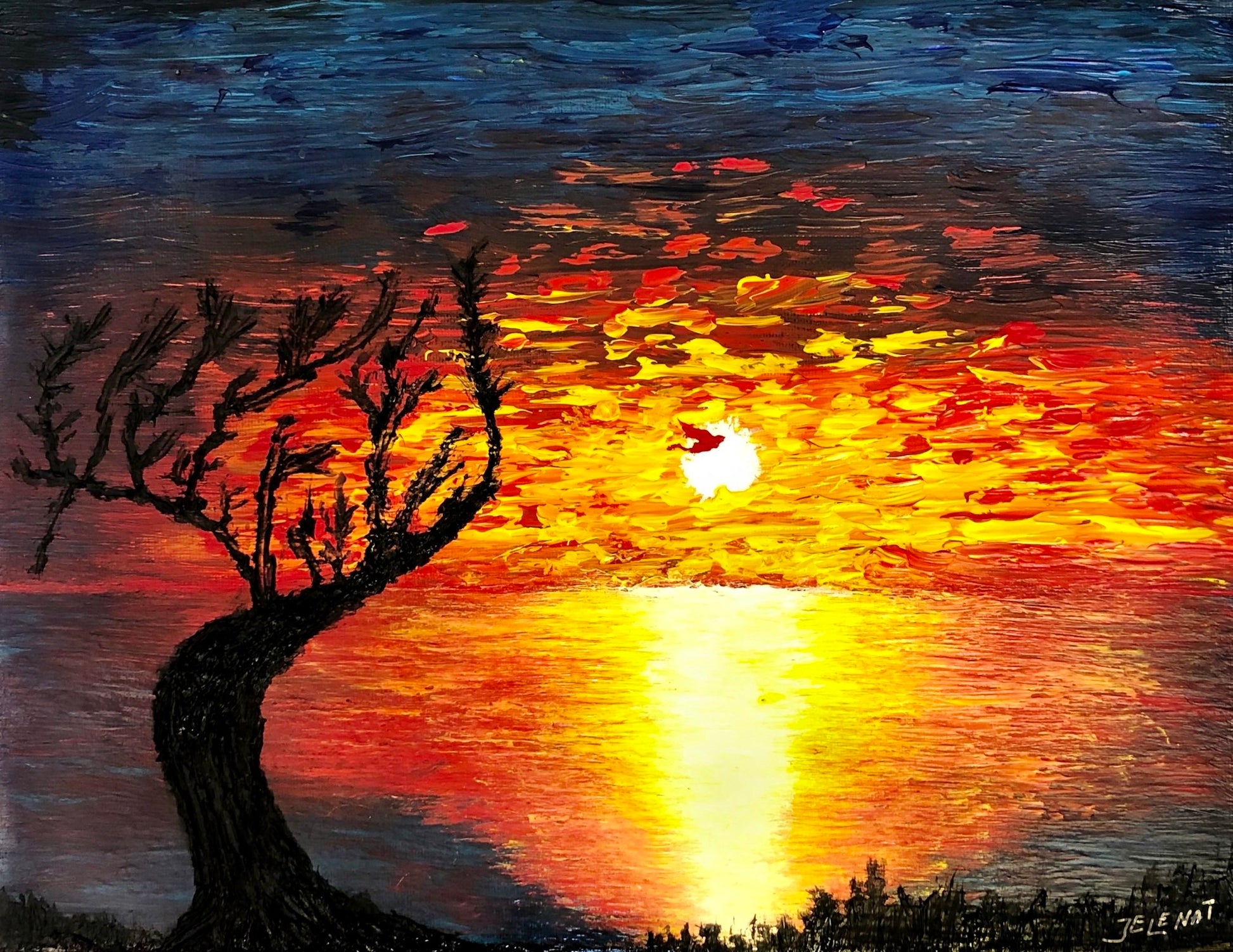 Painting of a tree by a sunset over water