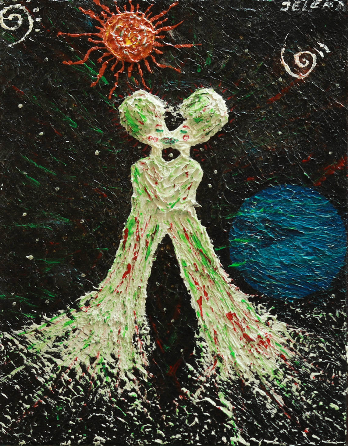 Abstract painting of a green humanoid figure with a sun and moon in the background
