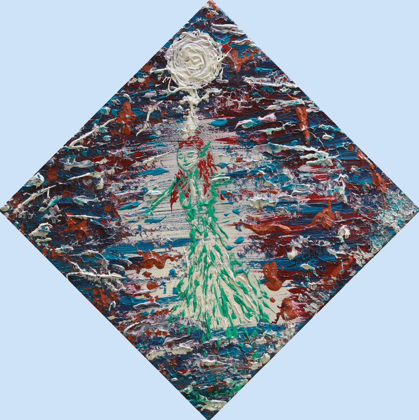 Abstract artwork with a central figure in green against a multicolored background