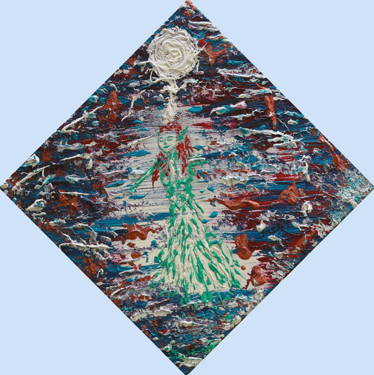 Abstract artwork with a central figure in green against a multicolored background