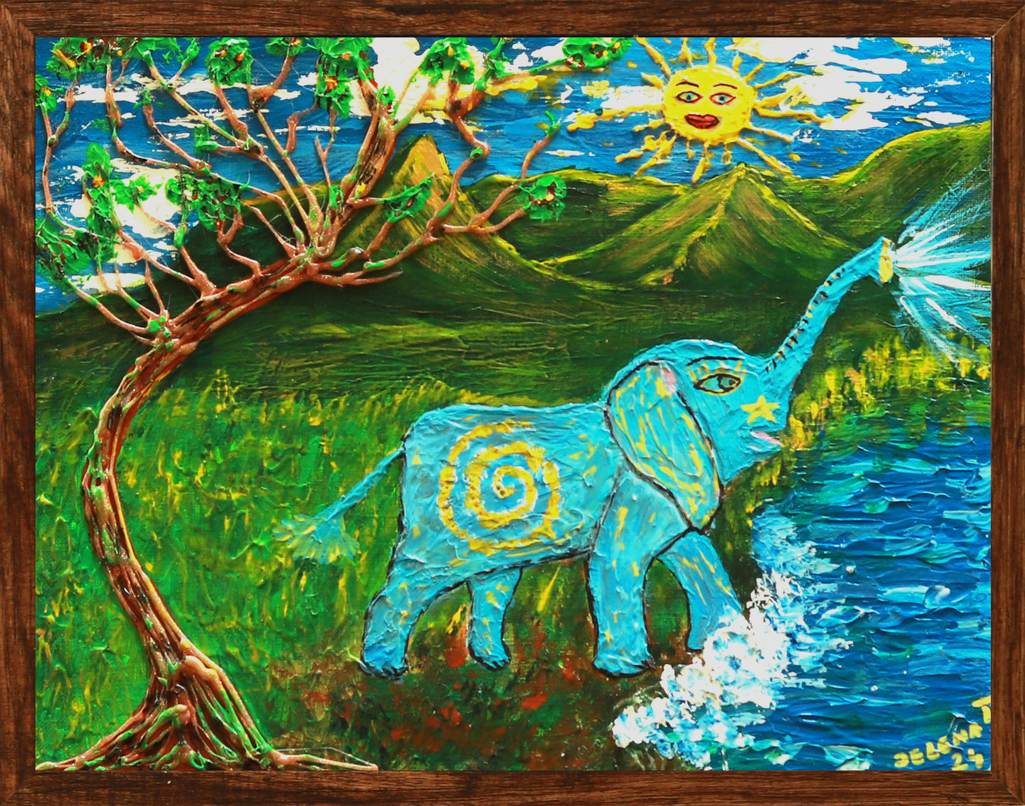 Colorful painting of an elephant by a tree with a sun in the sky