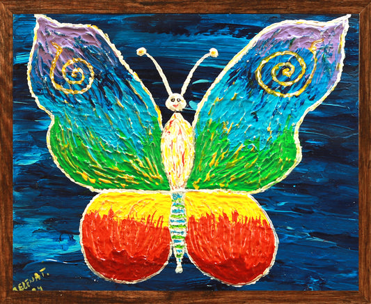Colorful butterfly painting on a blue background with a wooden frame.